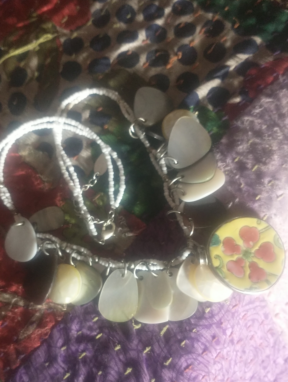 Boho White Shell Charm Necklace with Yellow Floral Accent (Ceramic)